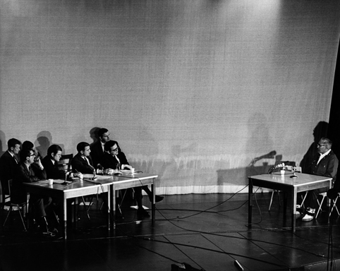 Indian Education hearing in Fairbanks (1969). Senate Subcommittee on Indian Education holds hearings in Fairbanks, including Ted Kennedy, Fritz Mondale, and Howard Pollock and Stevens. (Photo by McCutcheon).