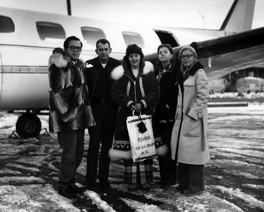 Flying to Rural Alaska 1972. A visit to rural Alaska. L-R: Senator Stevens, possibly pilot Jim Magoffin, Rose Blakely, Shirley Woodruff, Ann Stevens.