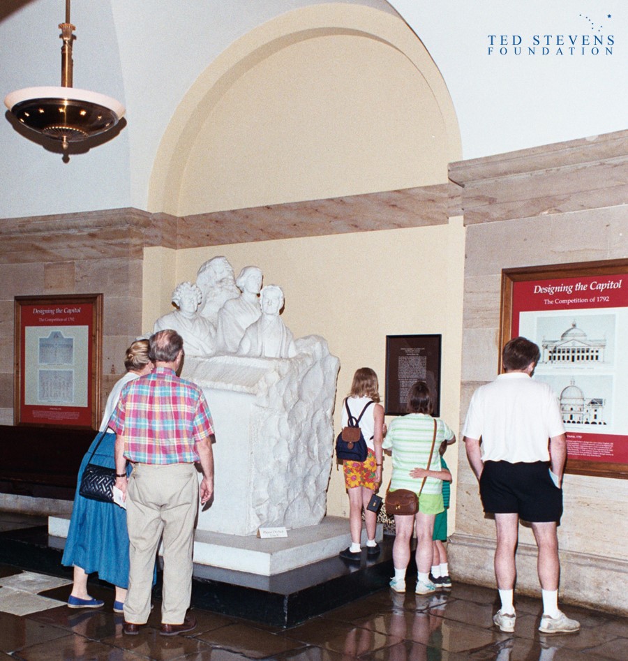 The Portrait Monument, dedicated to pioneers of the suffrage movement, in its original place in the crypt of the Capitol building on July 17, 1995. Stevens Foundation photo